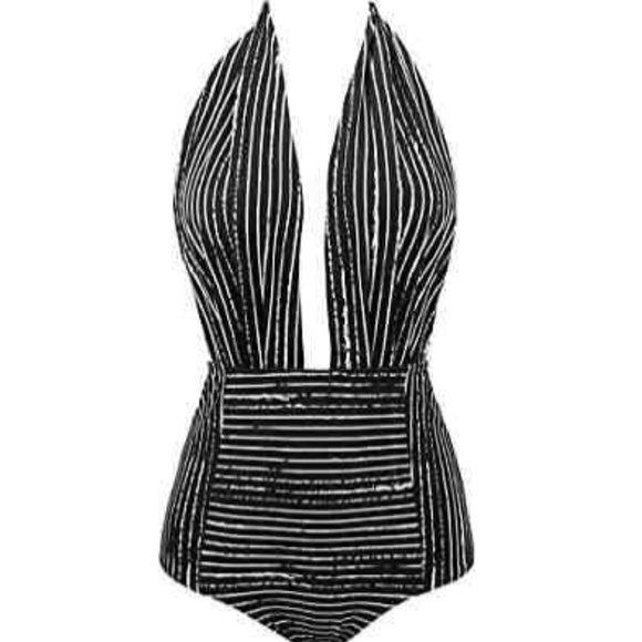 COCOSHIP Other - Cocoship Balancing Act Striped High Waist Retro Plunge halter One Piece Swimsuit